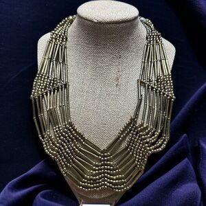 Vintage Bronze Art Deco Multi-Strand Beaded Necklace with V-Shape Design 22”